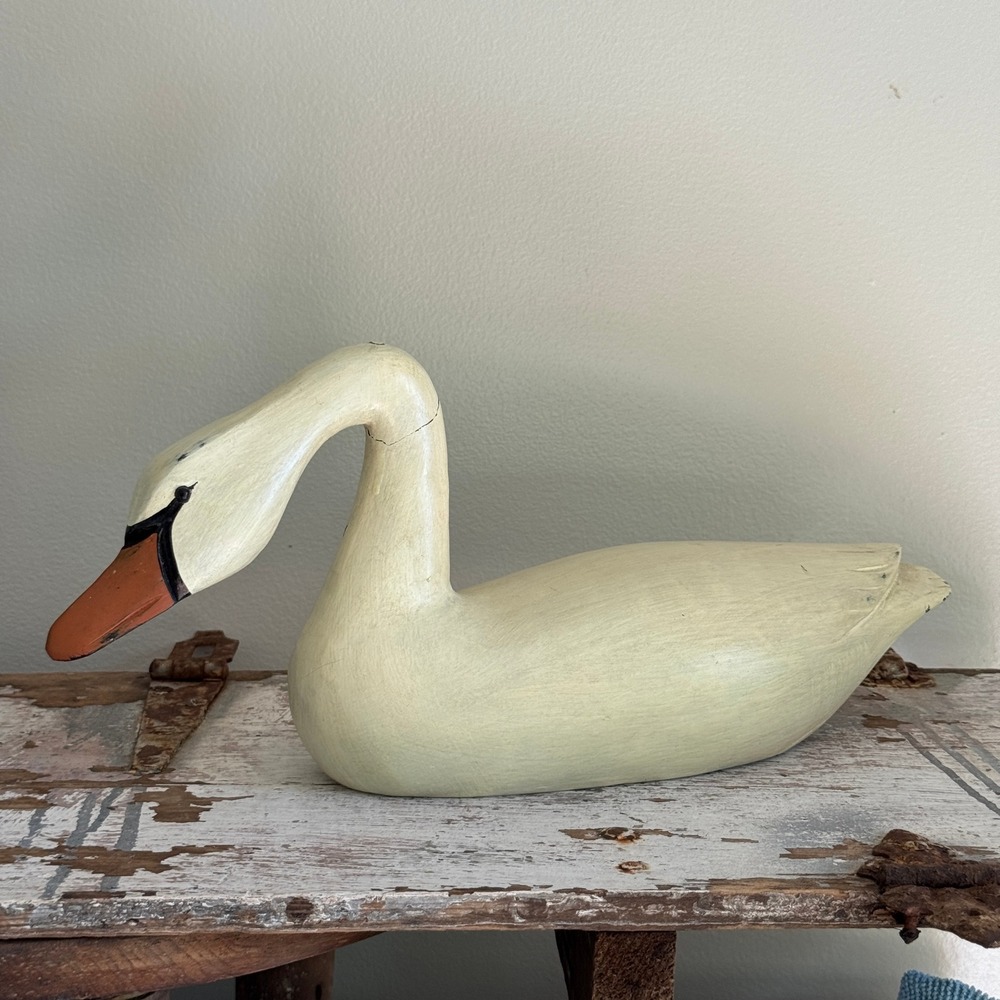 Vintage Hand Carved Wooden Swan Decoy Rustic Folk Art Decor Off White Coastal
